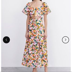 Floral cut out lace up front split hem dress